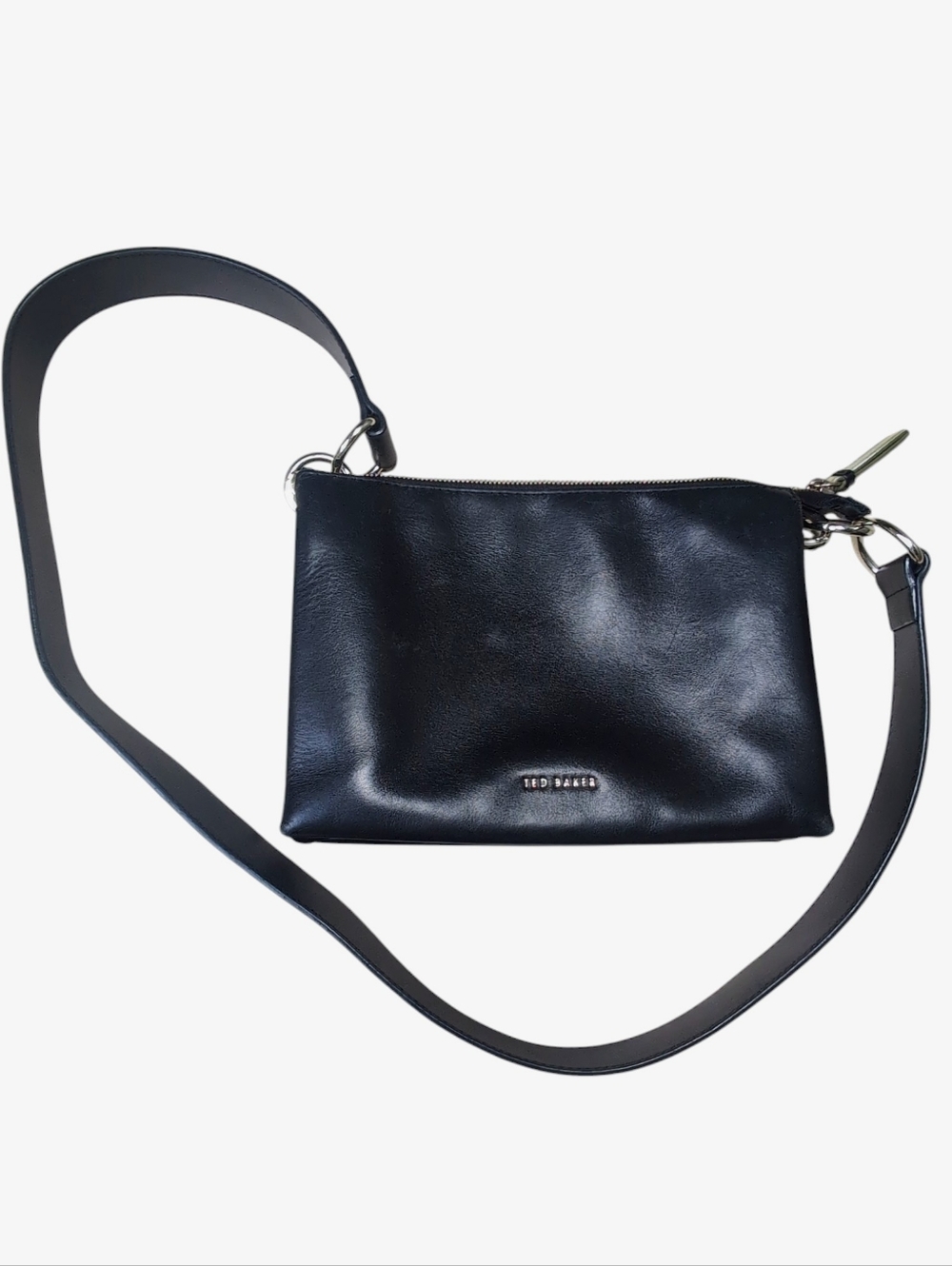 NWOT Ted Baker London Black Genuine Leather Crossbody Bag Branded Webed Strap